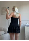 Kravat Detay Straplez Mini Elbise - SİYAH