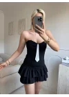 Kravat Detay Straplez Mini Elbise - SİYAH