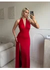 Halter Yaka Sırt Bağlamalı Yırtmaçlı Maxi Elbise - KIRMIZI