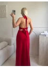 Halter Yaka Sırt Bağlamalı Yırtmaçlı Maxi Elbise - KIRMIZI