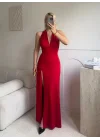 Halter Yaka Sırt Bağlamalı Yırtmaçlı Maxi Elbise - KIRMIZI