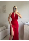 Halter Yaka Sırt Bağlamalı Yırtmaçlı Maxi Elbise - KIRMIZI