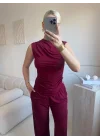 Asimetrik Bluz & Pantolon Takım - BORDO