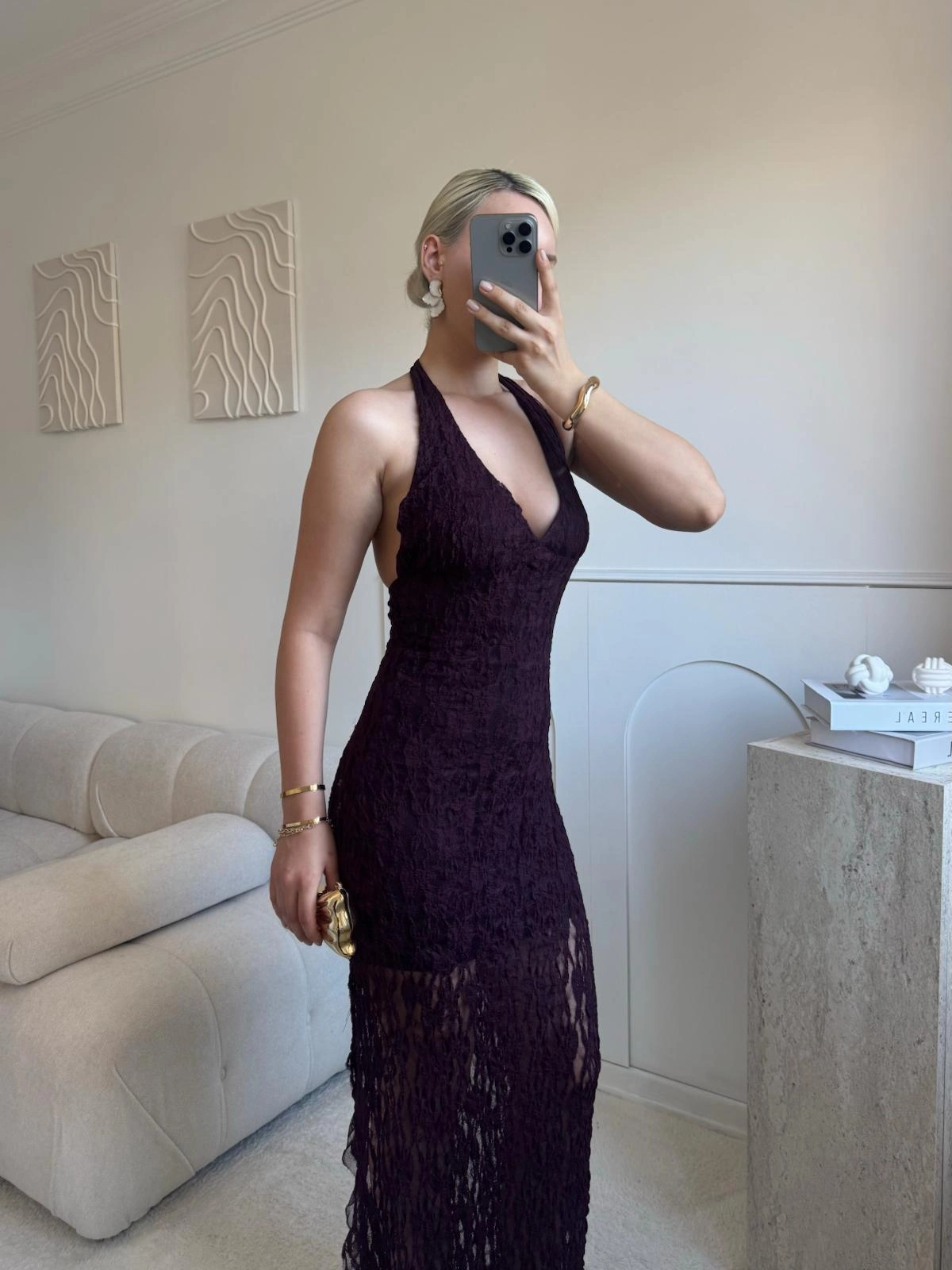 Boyun Bağlamalı Güpürlü Elbise - BORDO