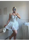 Bel Saten Korse Eteği Dantel Elbise - BEYAZ