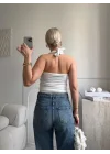 Boyun Bağlamalı Aksesuar Crop - BEYAZ