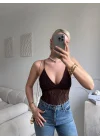 Askılı Dantel Bodysuit - KAHVE