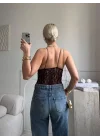 Askılı Dantel Bodysuit - KAHVE