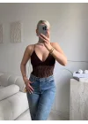 Askılı Dantel Bodysuit - KAHVE