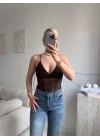 Askılı Dantel Bodysuit - KAHVE