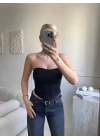 Biyeli Straplez Crop - SİYAH