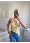 Kruvaze Tokalı Crop - SARI