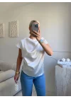 Kayık Yaka Saten Bluz - BEYAZ