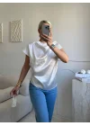 Kayık Yaka Saten Bluz - BEYAZ