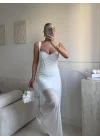 Bel Korse Eteği Tül Elbise - BEYAZ