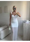 Bel Korse Eteği Tül Elbise - BEYAZ