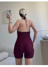 Askılı Damla Detay Şortlu Tulum - BORDO