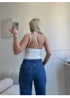 Boyun Geçmeli Güpürlü Bodysuit - BEYAZ