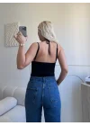 Boyun Geçmeli Güpürlü Bodysuit - SİYAH