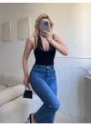 Boyun Geçmeli Güpürlü Bodysuit - SİYAH