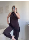 Dantel Detay Bluz Pantolon Takım - KAHVE