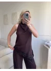 Dantel Detay Bluz Pantolon Takım - KAHVE