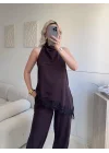 Dantel Detay Bluz Pantolon Takım - KAHVE