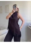 Dantel Detay Bluz Pantolon Takım - KAHVE