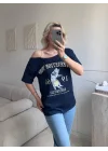 Düşük Omuz Oversize Tshirt - LACİVERT
