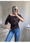 Yıldız Detay Kayık Yaka Bluz - KAHVE