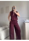 Gold Düğme Yelekli Pantolon Takım - BORDO