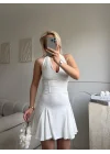 Boyun Geçmeli Bel Korse Elbise - BEYAZ