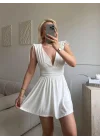 V Yaka Bel Oturtmalı Mini Elbise - BEYAZ