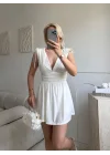 V Yaka Bel Oturtmalı Mini Elbise - BEYAZ