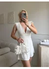 V Yaka Bel Oturtmalı Mini Elbise - BEYAZ