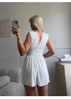 V Yaka Bel Oturtmalı Mini Elbise - BEYAZ
