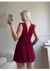 V Yaka Bel Oturtmalı Mini Elbise - BORDO
