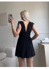 V Yaka Bel Oturtmalı Mini Elbise - SİYAH