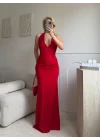Güpür Korseli Maxi Elbise - KIRMIZI