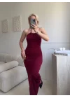 Halter Yaka Aksesuarlı Elbise - BORDO