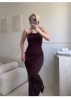 Halter Yaka Aksesuarlı Elbise - KAHVE