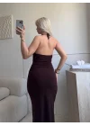 Halter Yaka Aksesuarlı Elbise - KAHVE