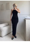 Halter Yaka Aksesuarlı Elbise - SİYAH