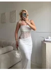 Güpür Korseli Maxi Elbise - BEYAZ