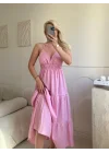 Sırt Çapraz Askılı Elbise - PEMBE