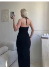 Halter Aksesuar Maxi Elbise - SİYAH