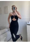 Halter Aksesuar Maxi Elbise - SİYAH