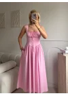 Bel Korse Askılı Prenses Elbise - PEMBE