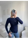 Asimetrik Yan Lastik Bluz - LACİVERT
