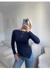 Asimetrik Yan Lastik Bluz - LACİVERT
